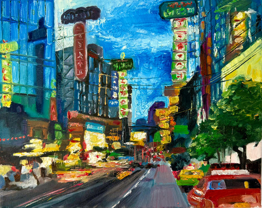 Original urban acrylic painting titled Electric Crossing by Atissanan Sankul, depicting a vibrant city street with neon signage and expressive brushwork